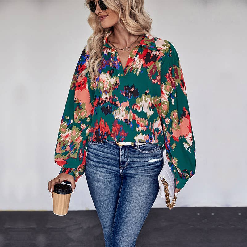 LAPEL LONG SLEEVE TOP BUTTON PRINT SHIRT