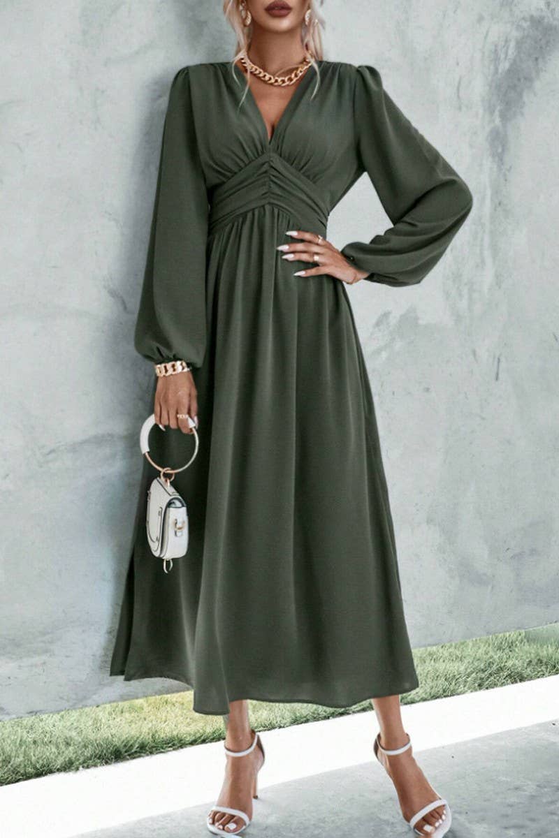 ELEGANT V-NECK PUFFED SLEEVE WAIST SLIT DRESS