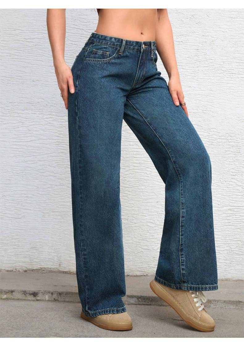 Straight-leg,retro low-waisted wide-leg jeans
