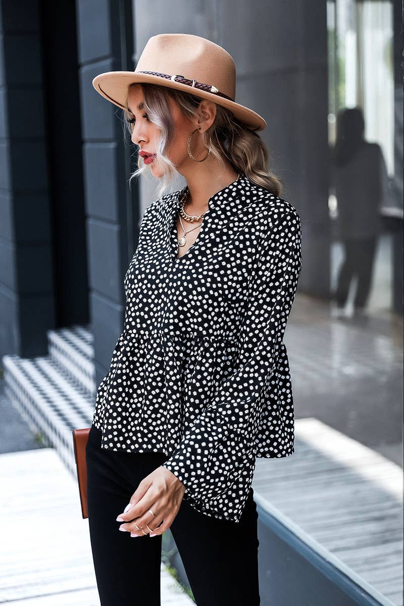 V-NECK SEXY POLKA DOT LONG SLEEVE SIMPLE TOP
