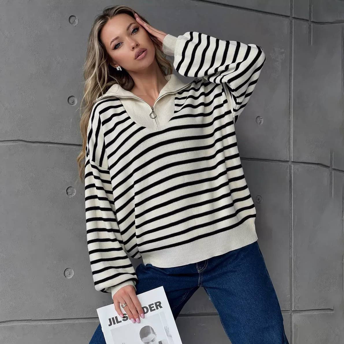 Striped lapel half-zipper pullover sweater
