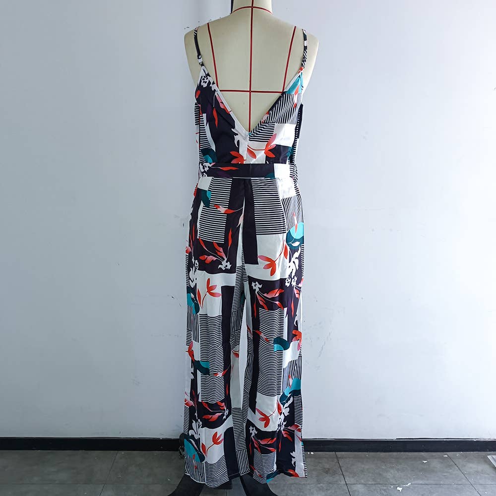 PRINTED HALTER BACK DEEP V-NECK STRAPPY JUMPSUIT