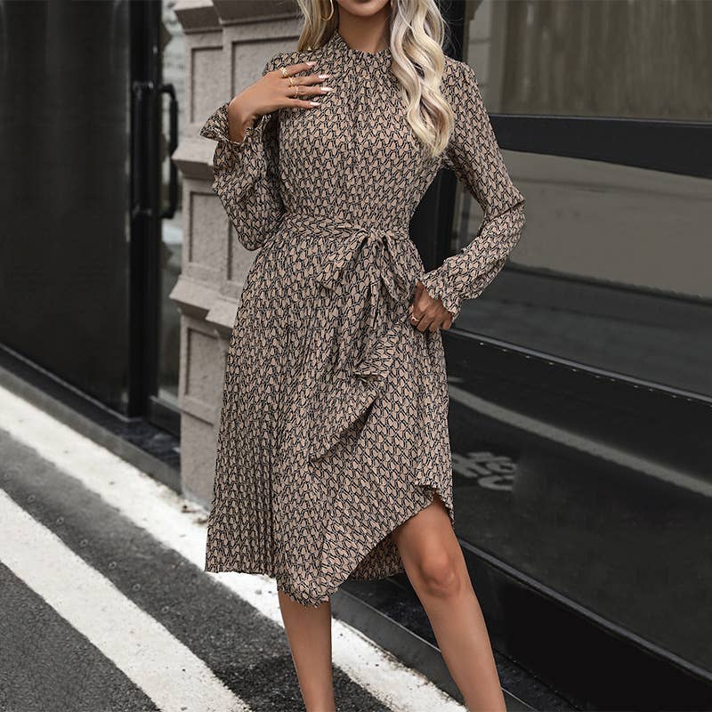 LACE-UP GEOMETRIC PRINT LONG-SLEEVED DRESS
