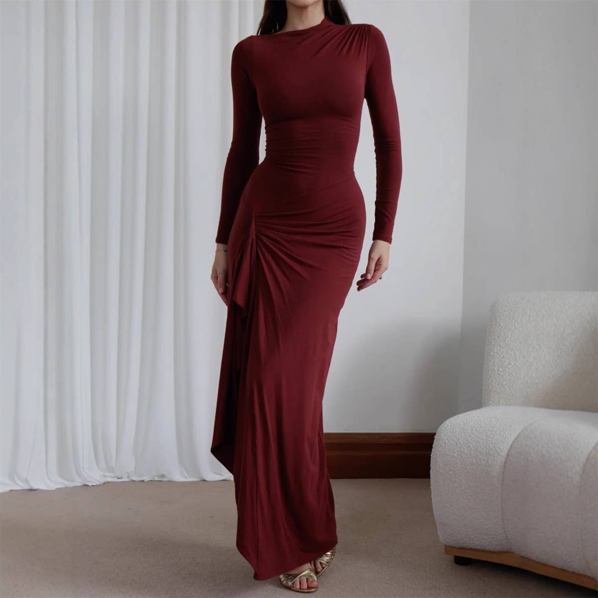 LONG SLEEVE SOLID COLOR IRREGULAR SHEATH DRESS