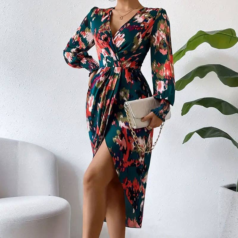 SLIM WRAP DRESS WITH LANTERN SLEEVES CROSS COLLAR