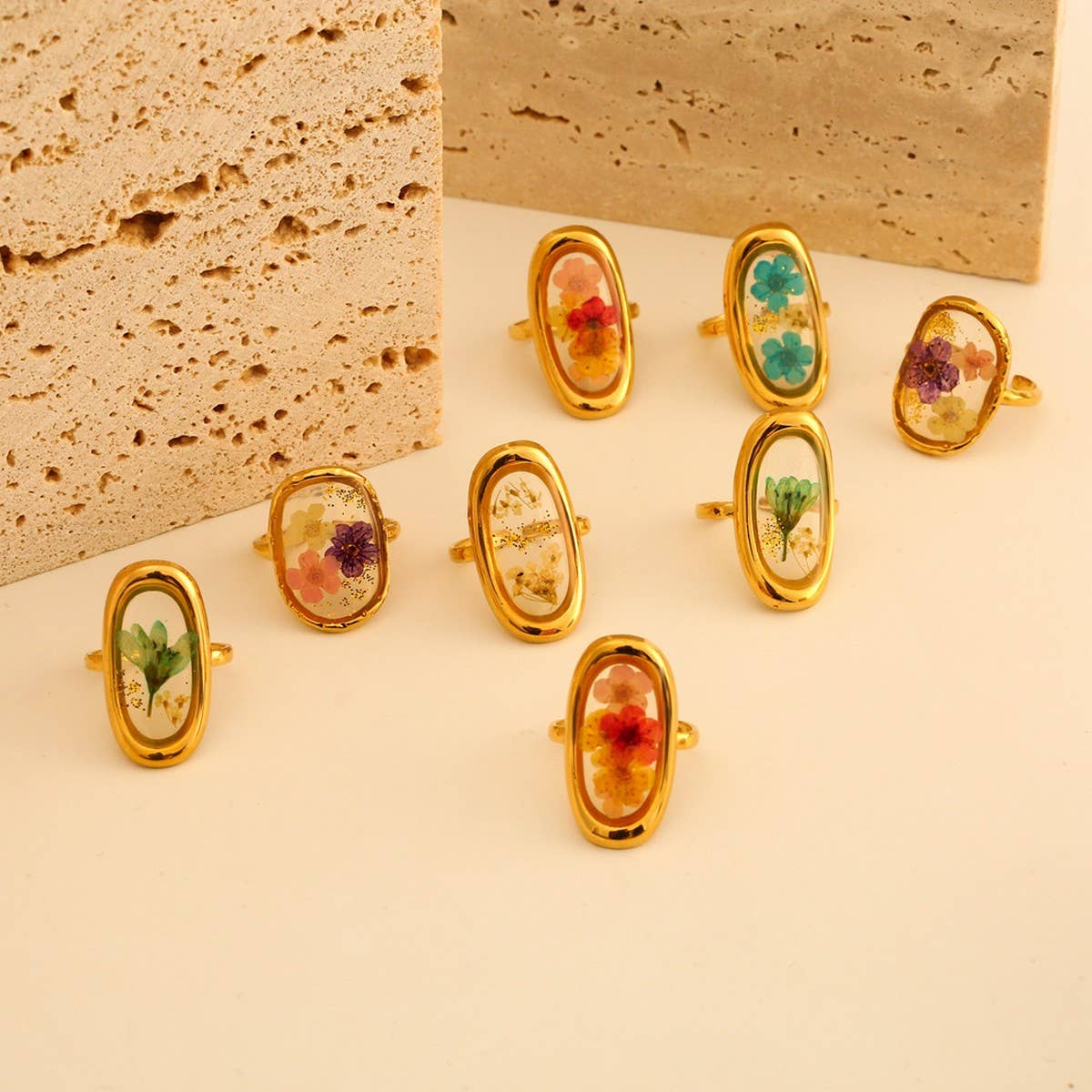 Adjustable Open Ring with Dried Flowers,Multi Color_CWMM8929