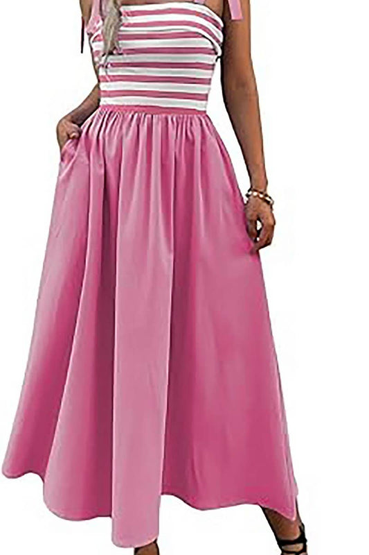 CWDMD5701_SLEEVELESS TIE POCKET STRIPED BEACH DRESS