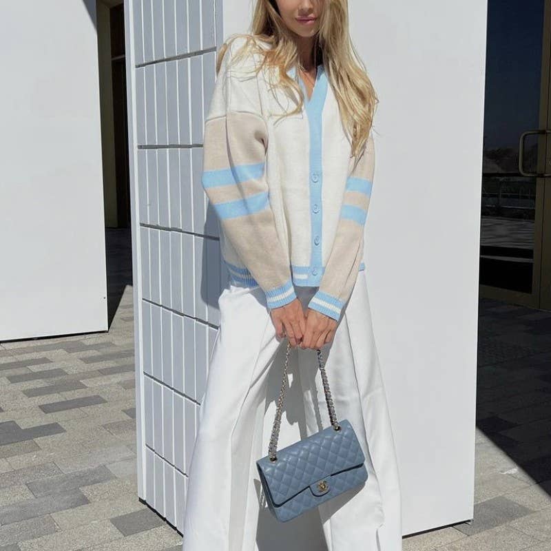 FASHION CONTRAST COLOR CARDIGAN LOOSE SWEATER