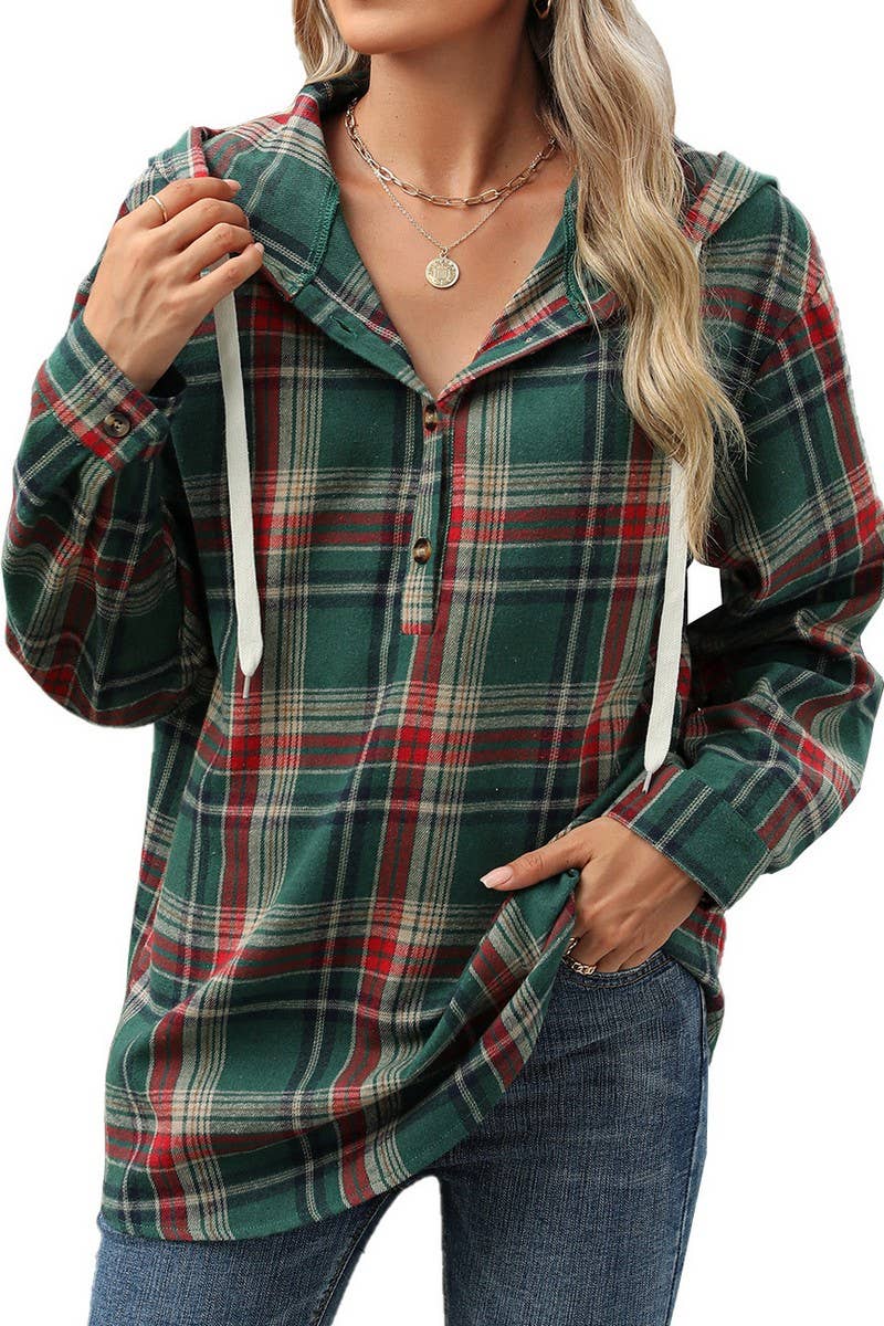 CWOHOL0721_CHECKED DRAWSTRING HOODED LONG-SLEEVED SWEATSHIRT