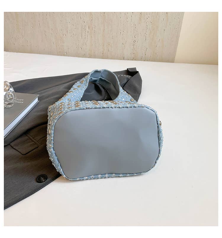 Fashionable riveted denim single-shoulder bag