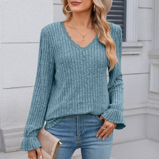 SOLID COLOR PIT-TRIMMED CASUAL V-NECK LACE PRIMER