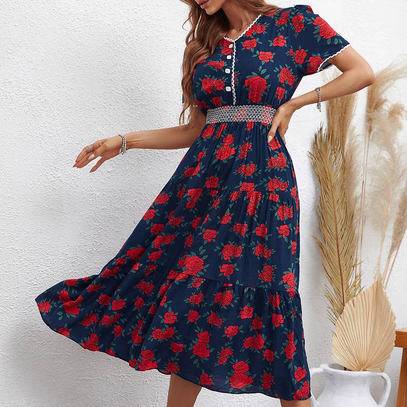 FASHION PRINT SHORT SLEEVE SLIM-FIT LONG DRESS