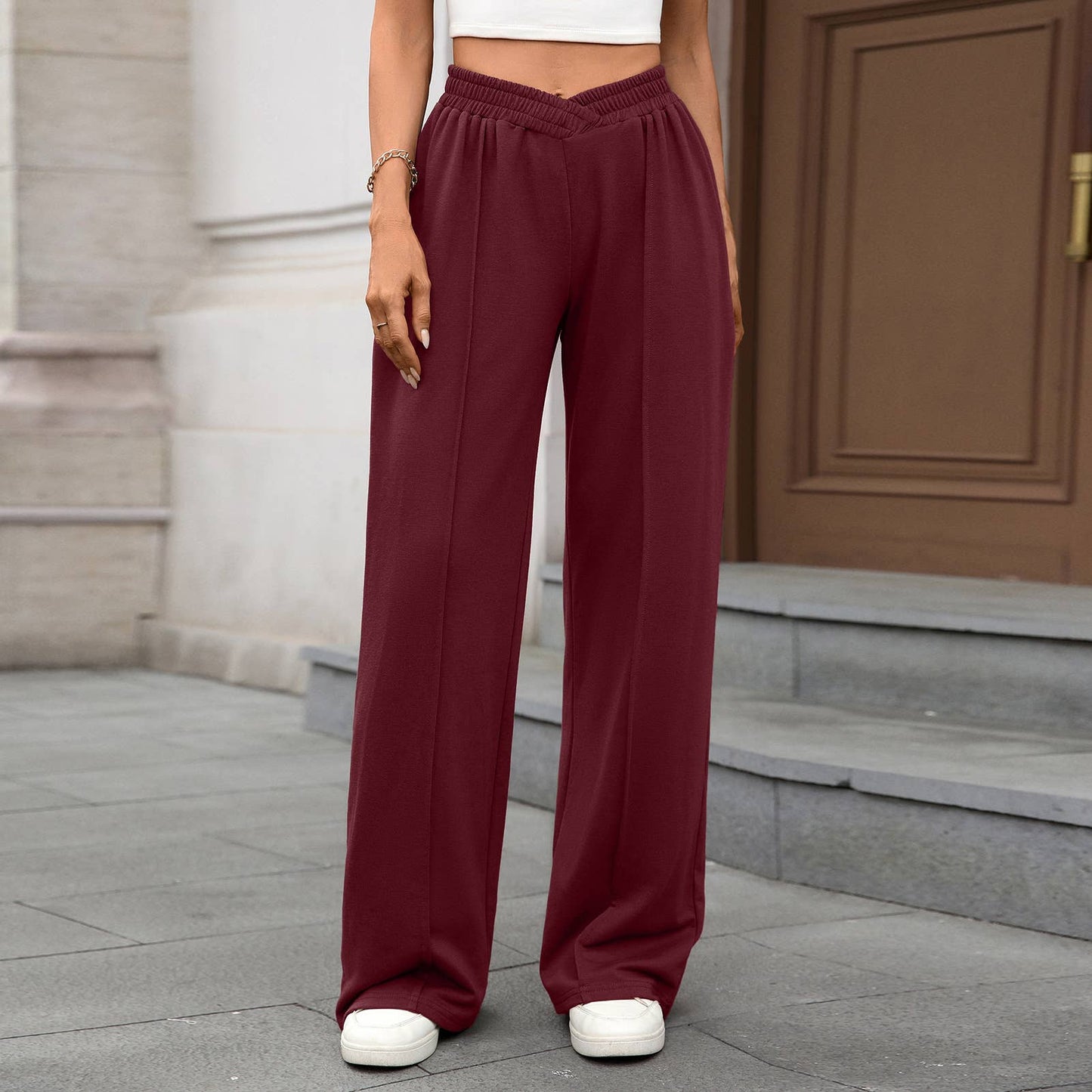 Solid color tight-waist straight casual pants