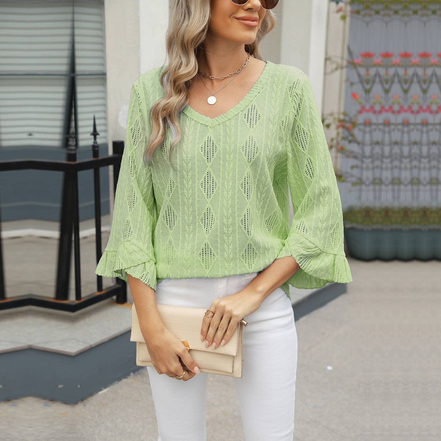 V-neck diamond check hollow-out jacquard T-shirt