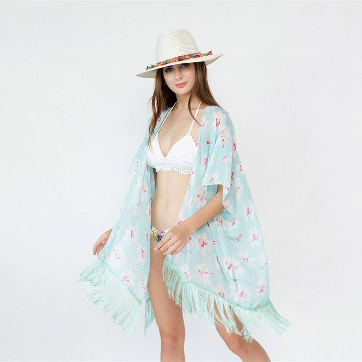 TASSEL FLORAL PRINT OPEN FRONT KIMONO CARDIGAN