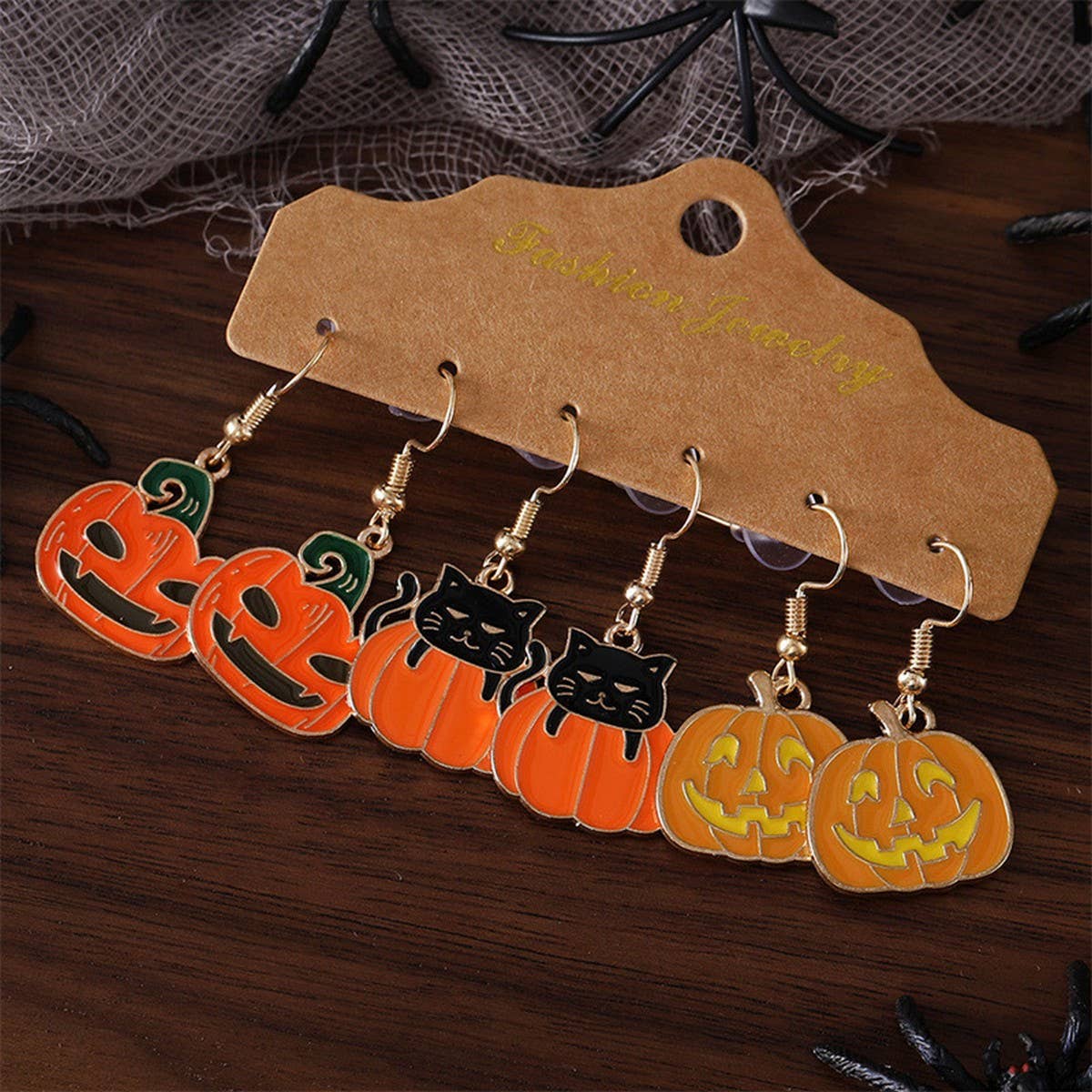 HALLOWEEN PUMPKIN BLACK CAT PENDANT EARRINGS
