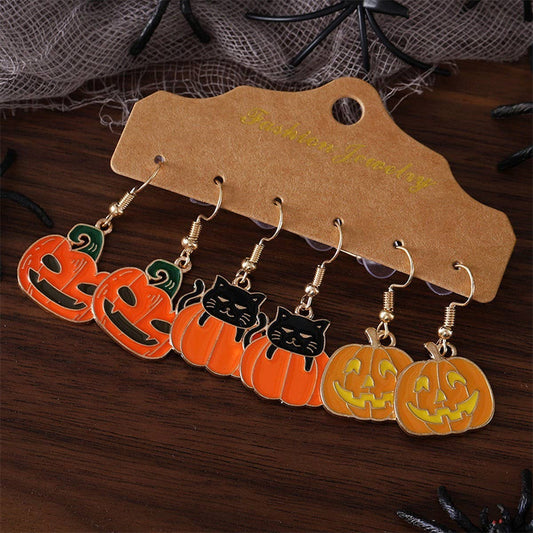 HALLOWEEN PUMPKIN BLACK CAT PENDANT EARRINGS
