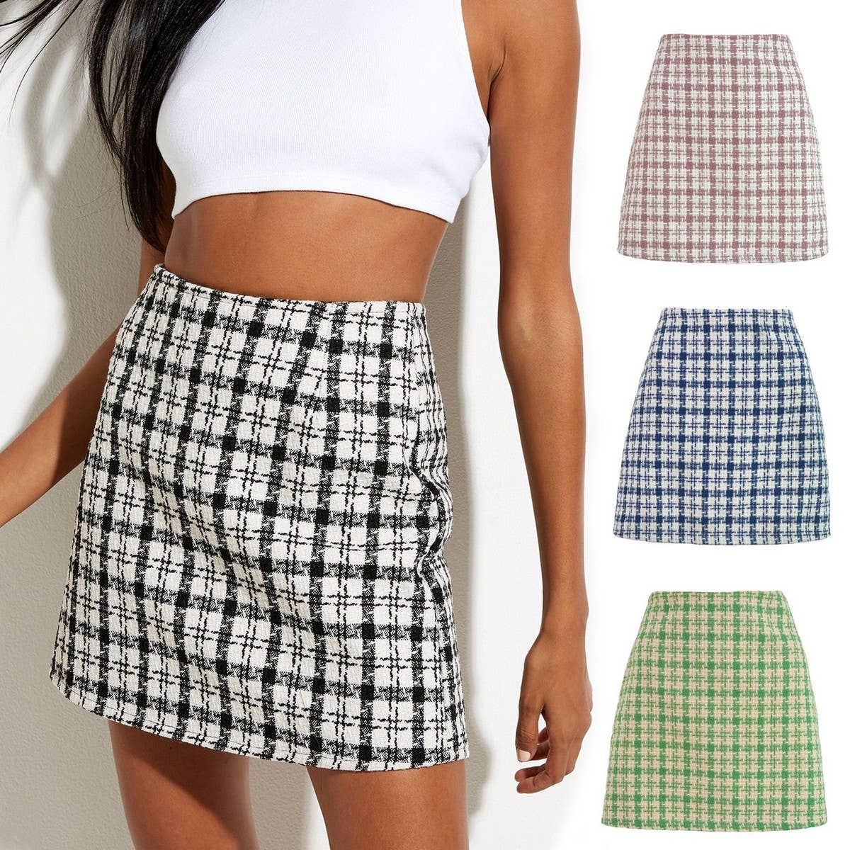 RETRO CHECKERED A-LINE SHORT WOOLEN SKIRT_CWBSS0393
