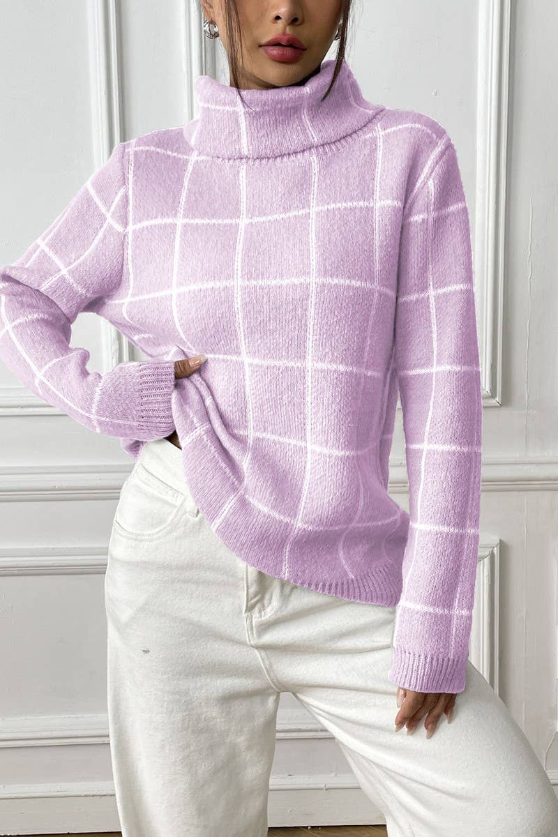 WOMEN PLAID PATTERN HIGH TURTLE NECK FW SWEATER_CWOSWL1439