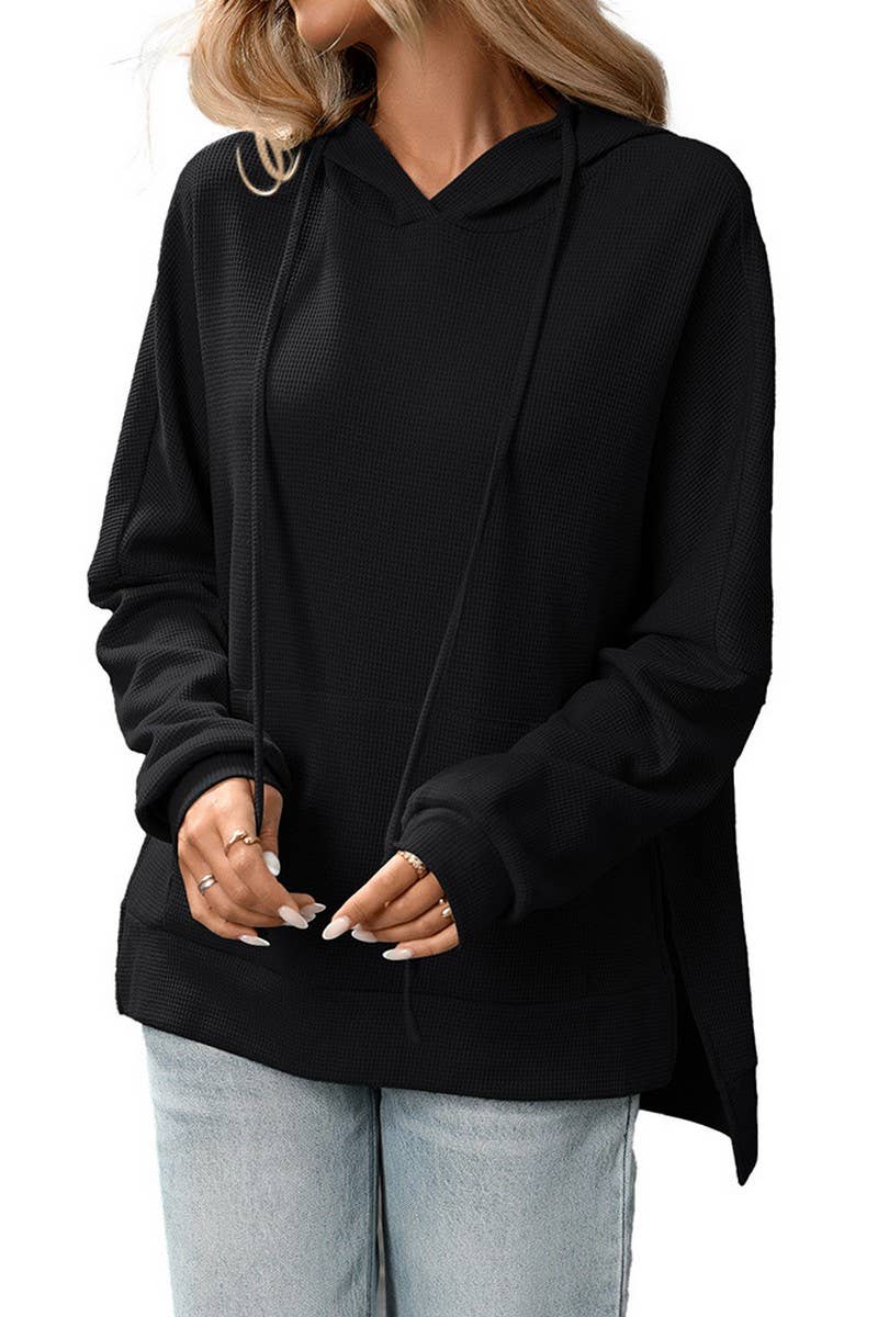 CWOHOL00603_WAFFLE KNIT PULLOVER LONG SLEEVE HOODIE