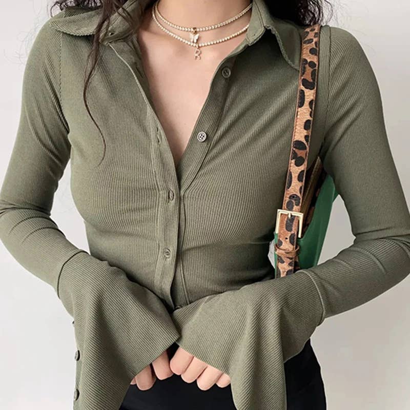 Temperament flared sleeve solid color shirt