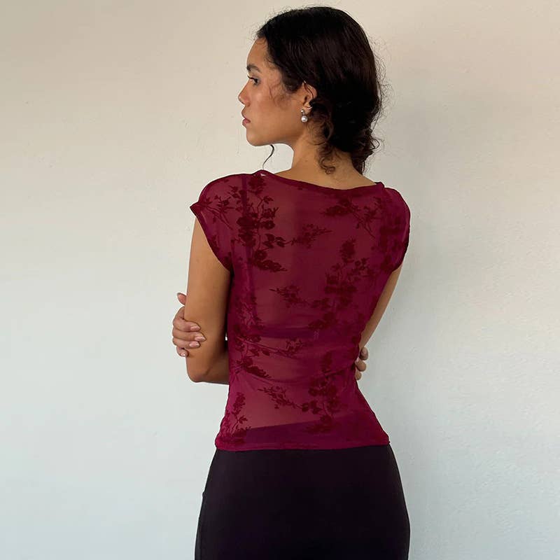 Sheer Mesh Vintage Print Sexy Top Short Sleeve