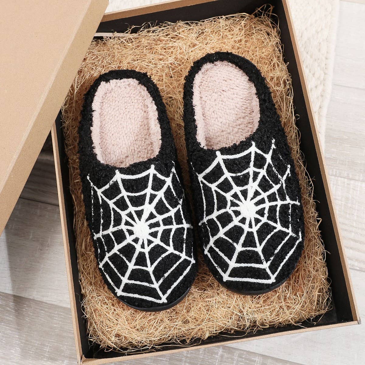 HALLOWEEN SPIDER WEB EMBROIDERED COTTON SLIPPERS