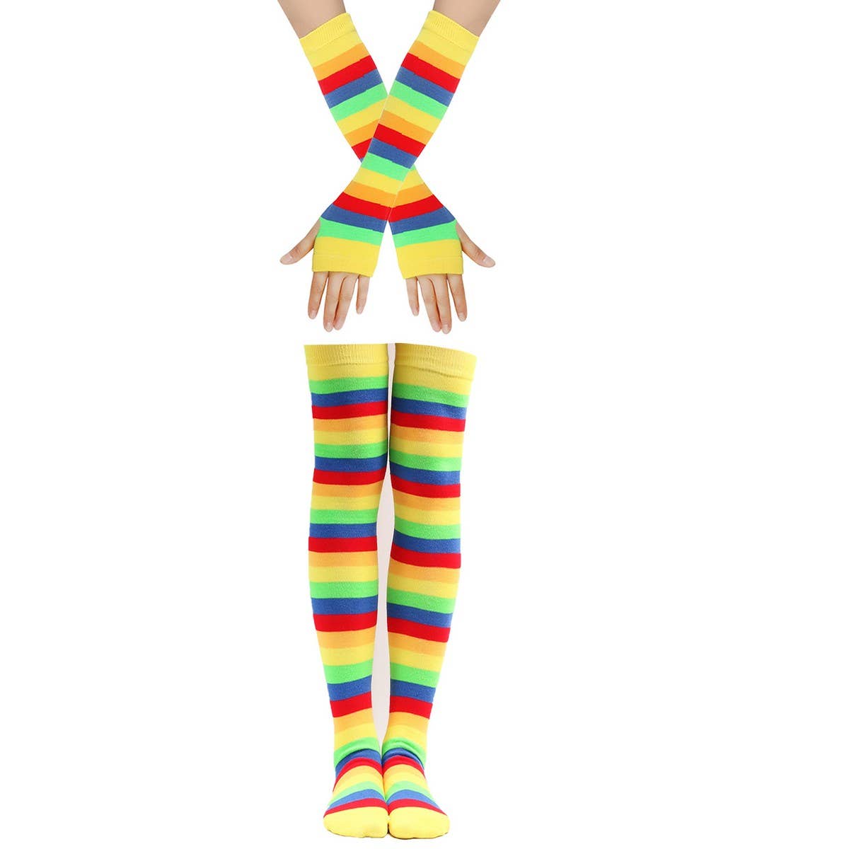 COLORFUL STRIPED KNEE SOCKS AND GLOVES SET