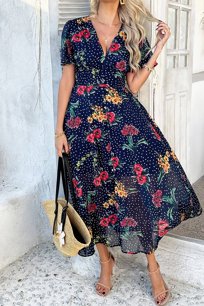 CWDMD5354_SUMMER SEXY DEEP V PRINTED SHORT SLEEVE DRESS