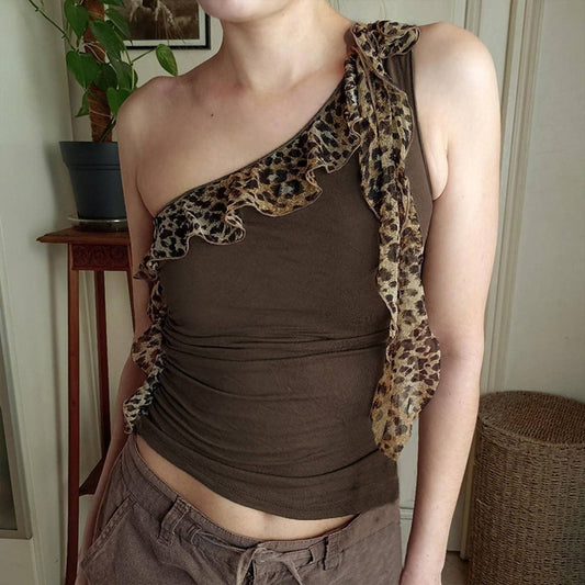 Leopard print spliced wooden ear trim vest