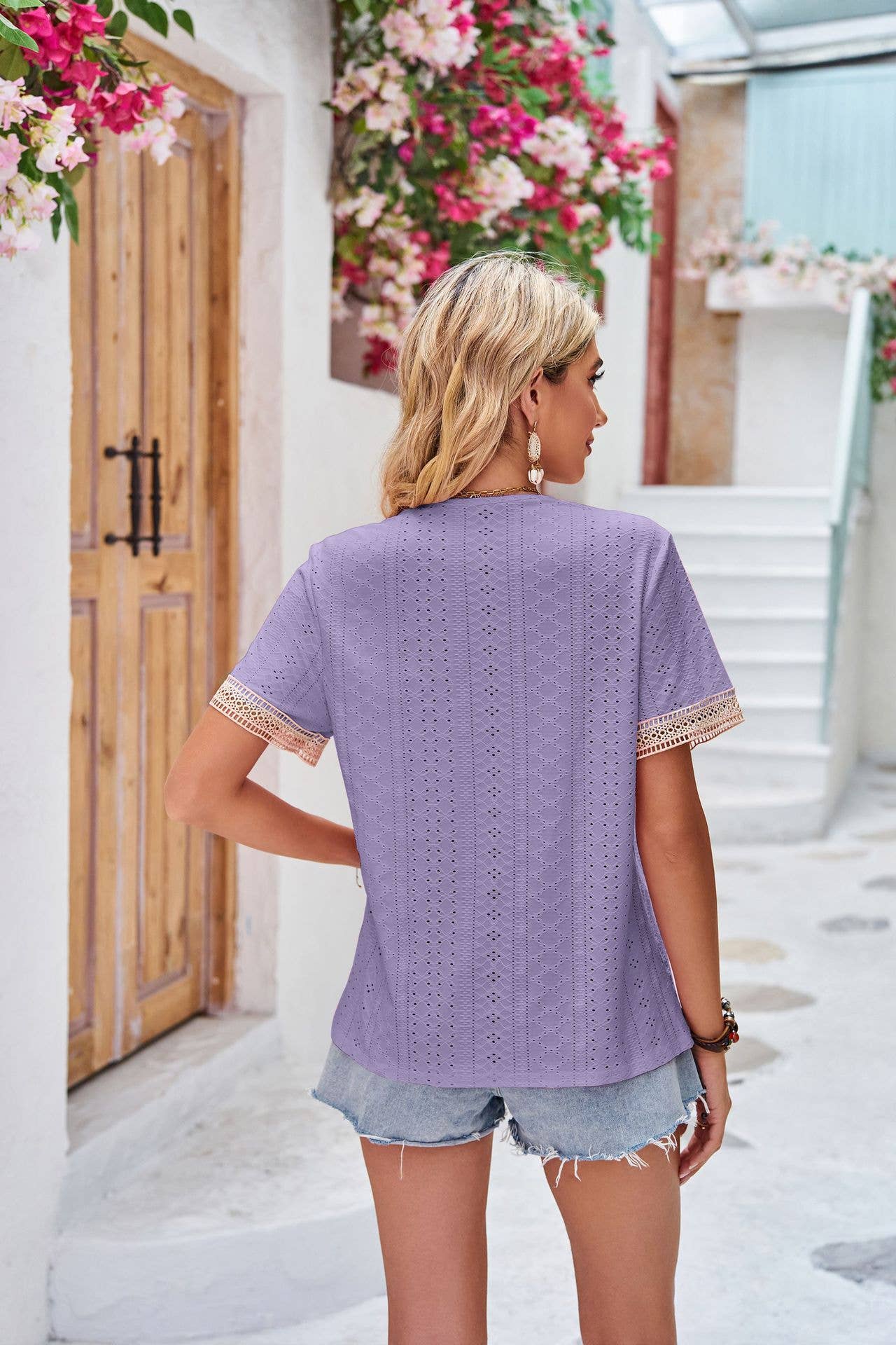 V-neck lace patchwork solid short sleeve top