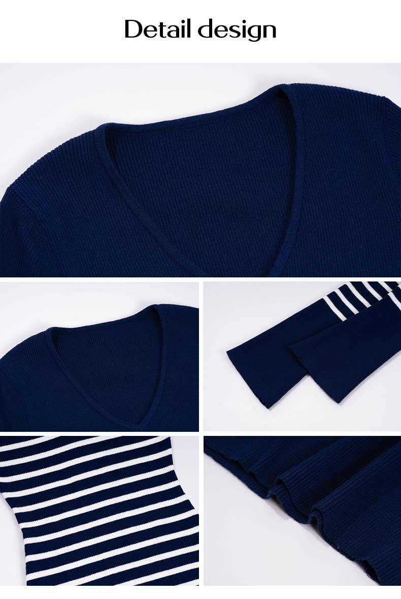 SLIM-FIT V-NECK STRIPED SWEATER DRESS