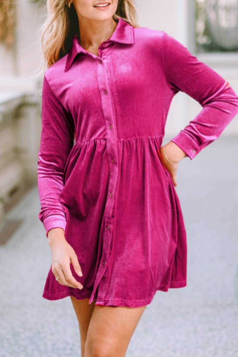 CWDSD6622_VELVET HIGH-WAISTED LONG-SLEEVED SHIRT DRESS