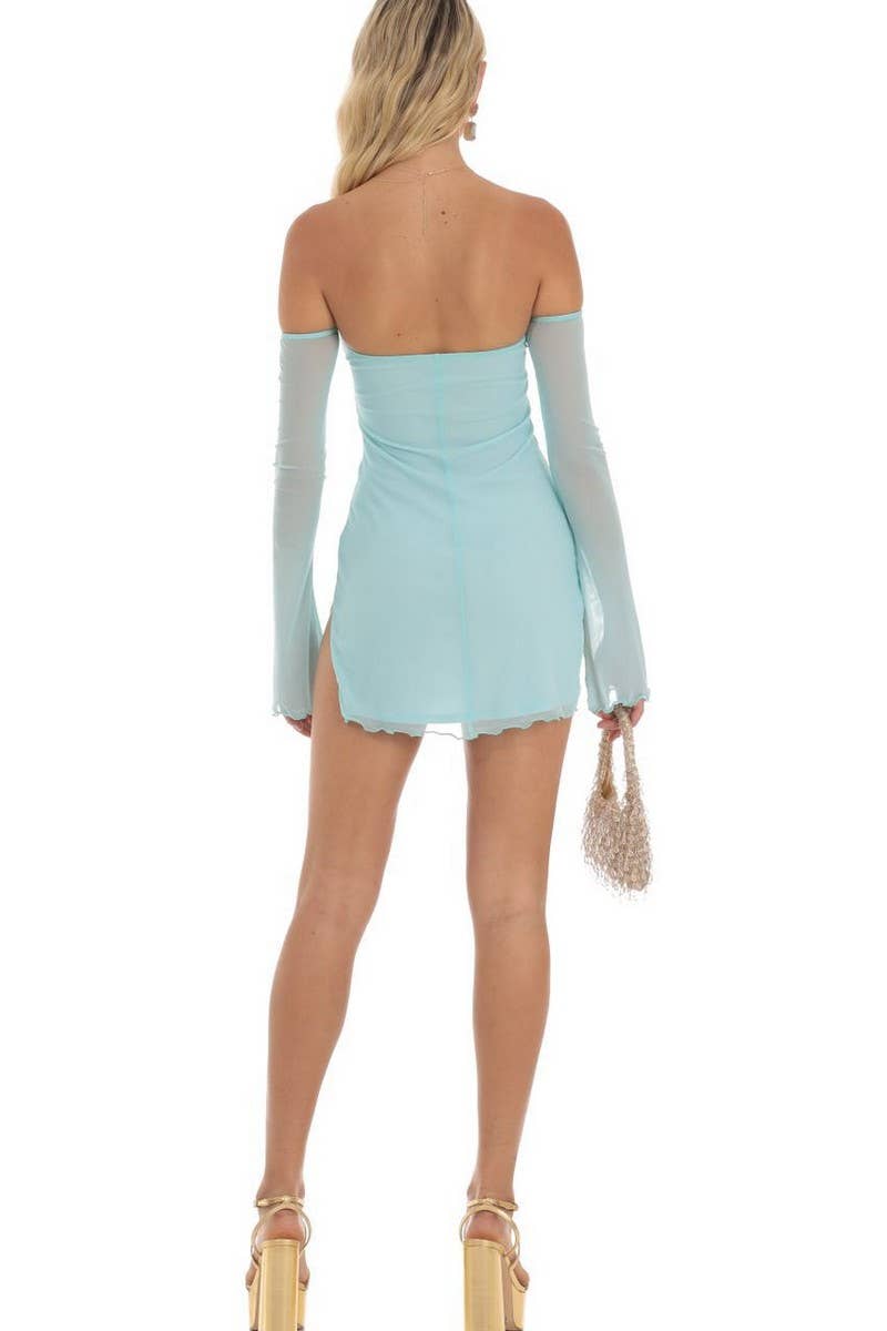 CWDTD0481_OFF SHOULDER FLARE SLEEVE STRAPLESS BODYCON DRESS