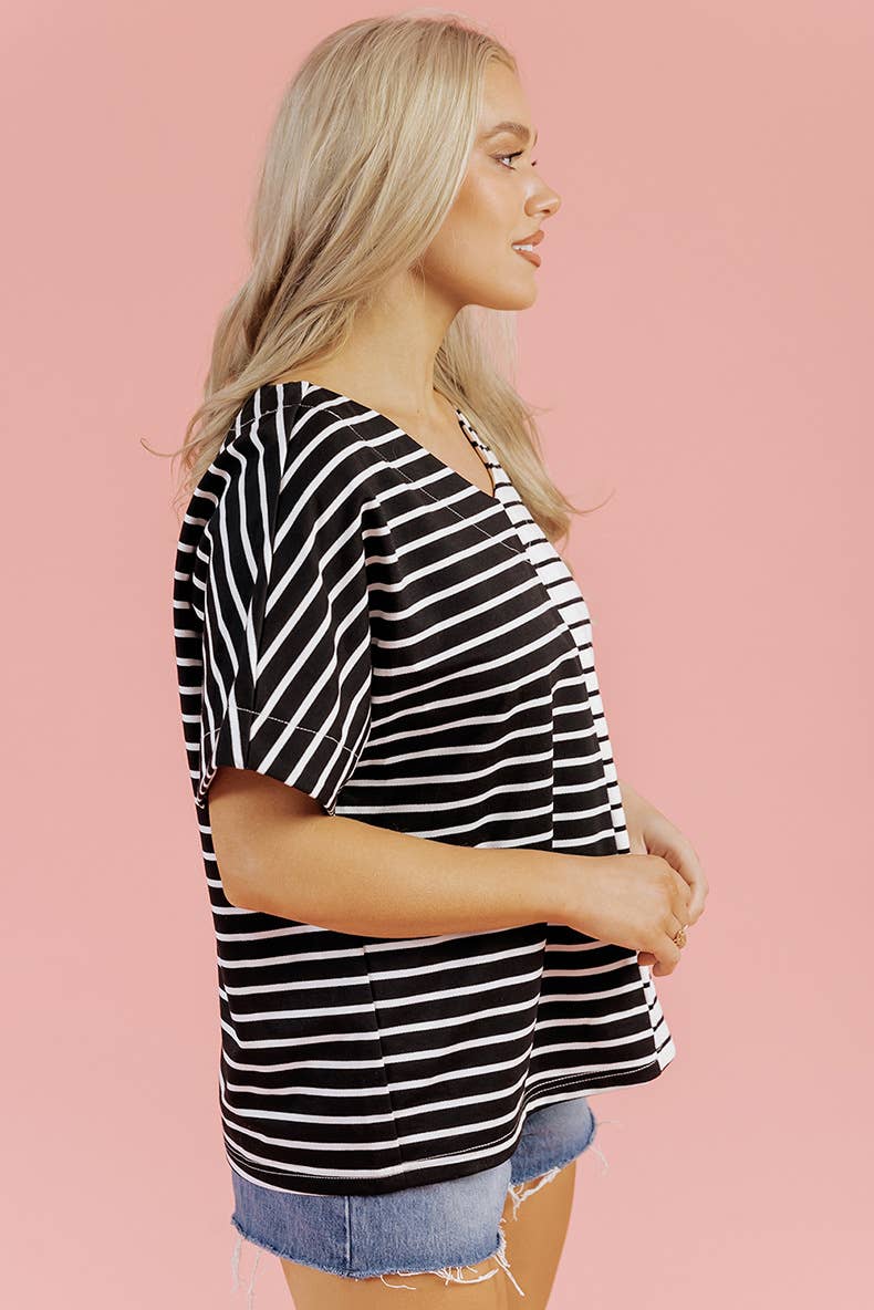 V-neck trend color matching print loose T-shirt