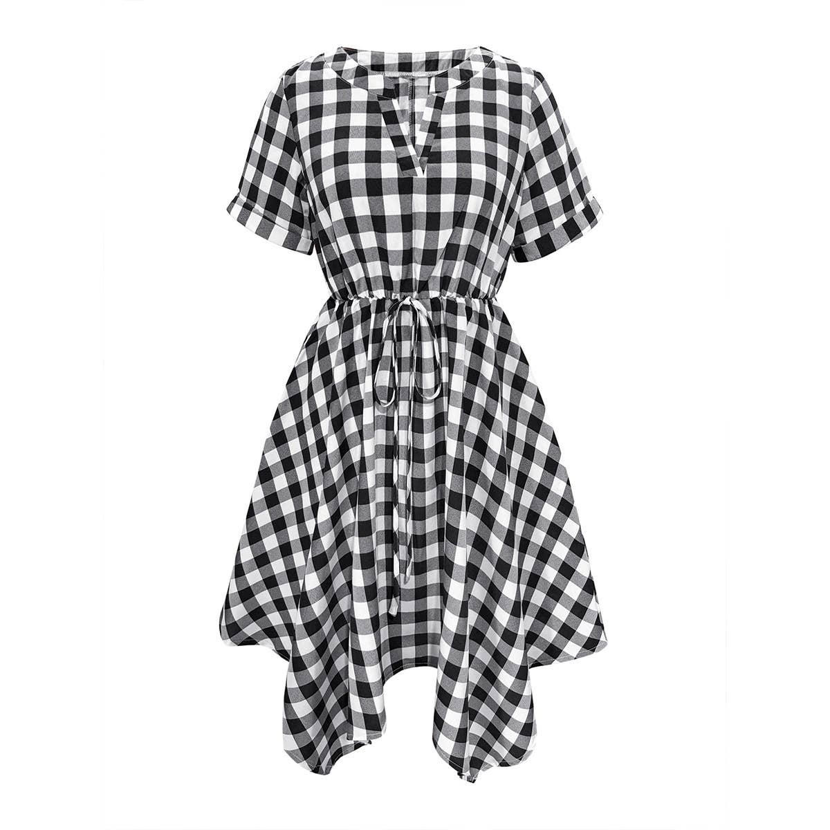 V-NECK PLAID IRREGULAR DRESS
