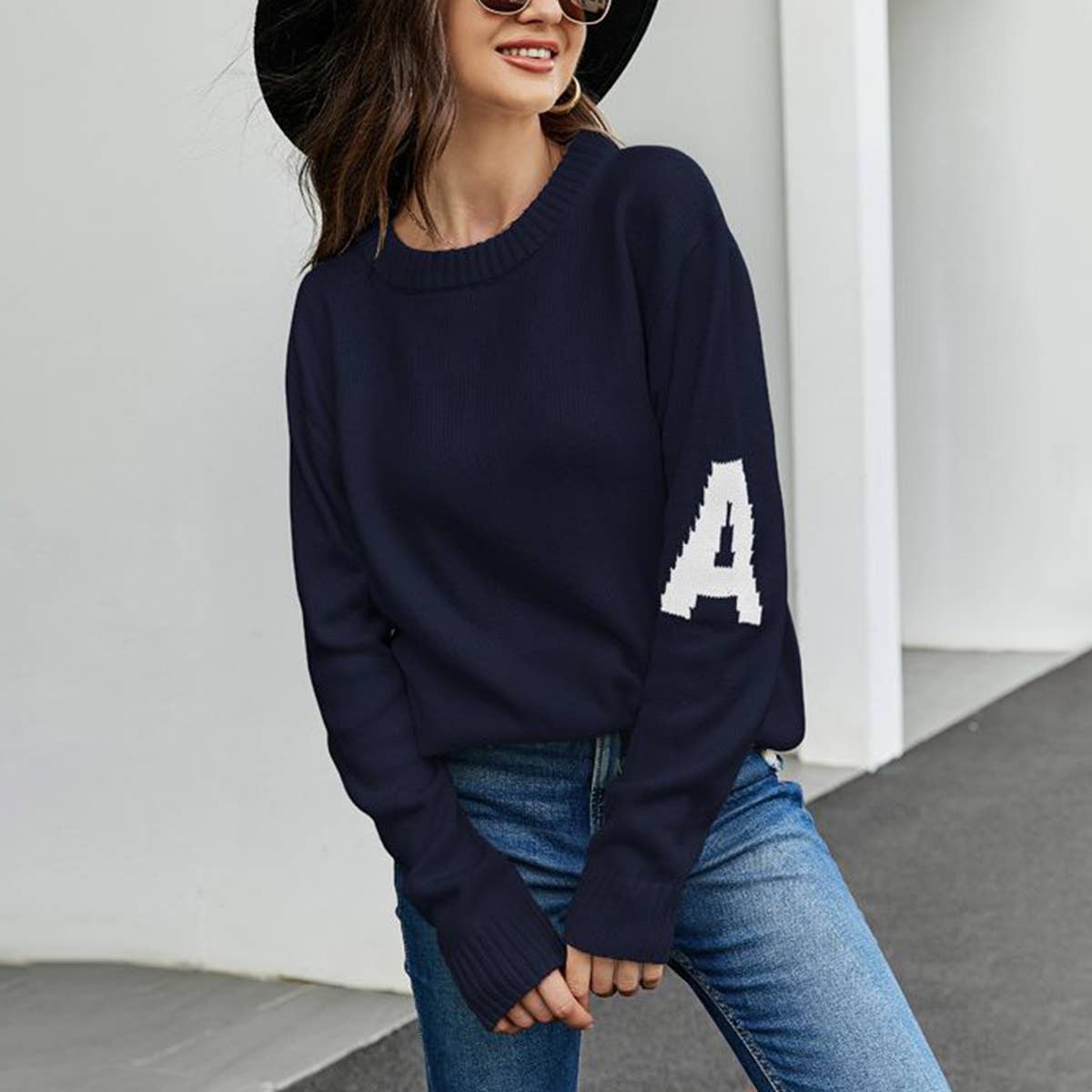 LETTER JACQUARD CASUAL SLOUCHY PULLOVER SWEATER
