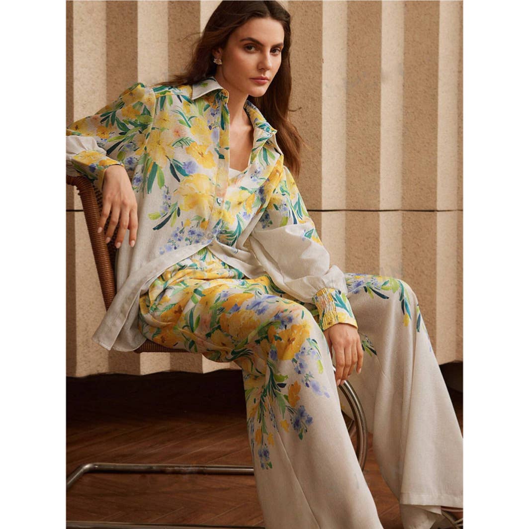 Fashion floral printed shirt and trousers set
