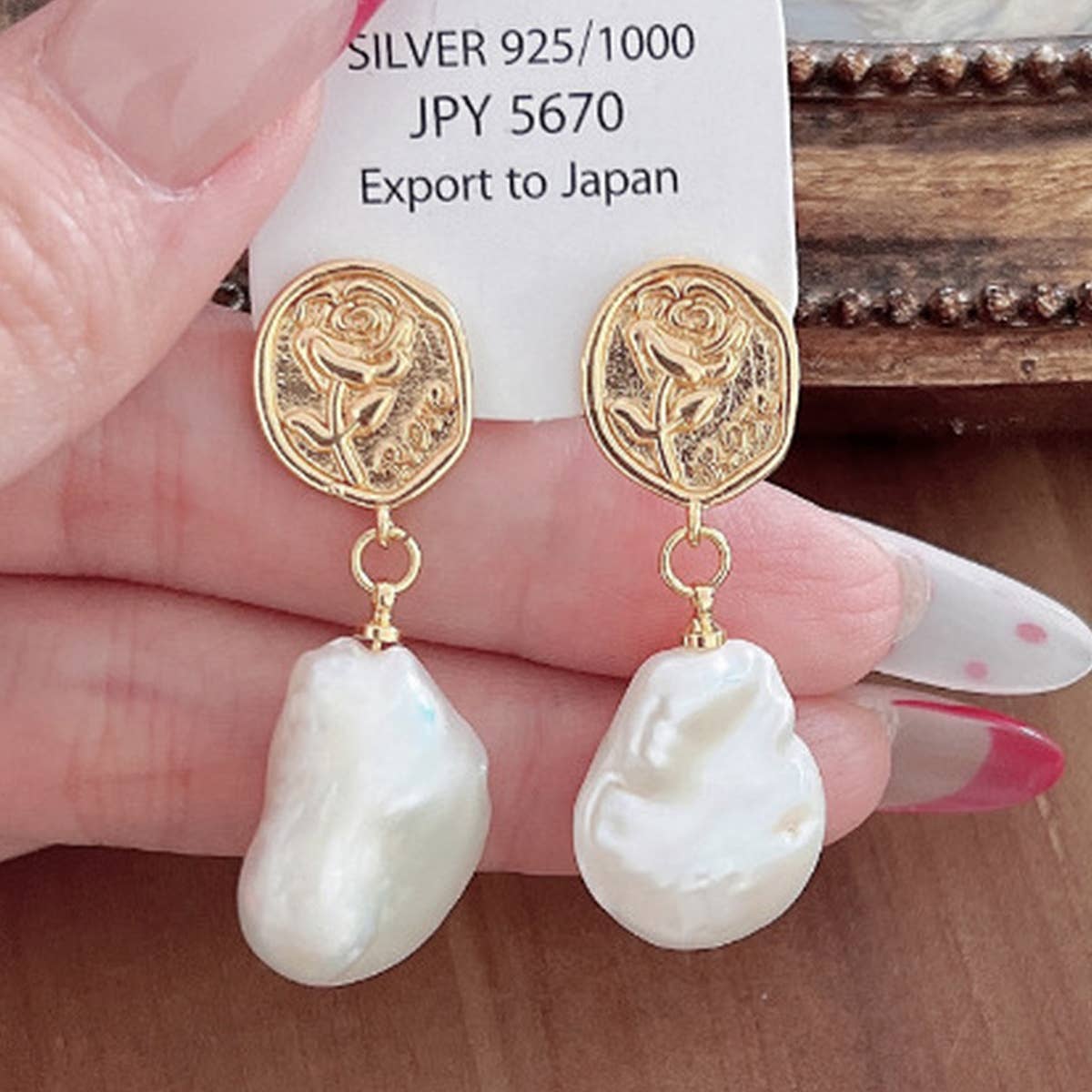 FRESHWATER PEARL GEOMETRIC ROSE EARRINGS