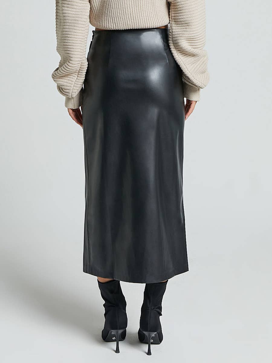 PU SPLIT LEATHER SKIRT HIGH WAIST ZIPPER SKIRT