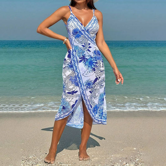 Versatile Print Beach Dress, Multi-Way Cape Style