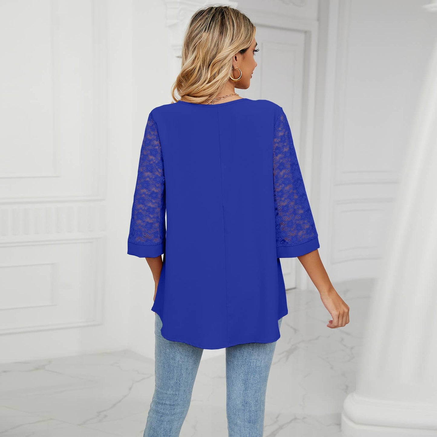 LACE HORN SLEEVE PATCHWORK CHIFFON BLOUSE