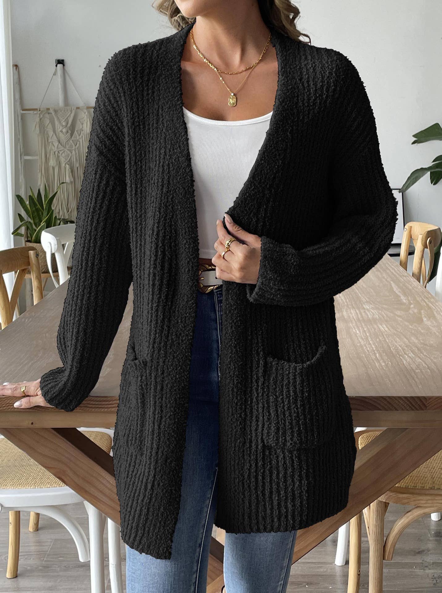 WOVEN SWEATER CASUAL DOUBLE POCKET CARDIGAN