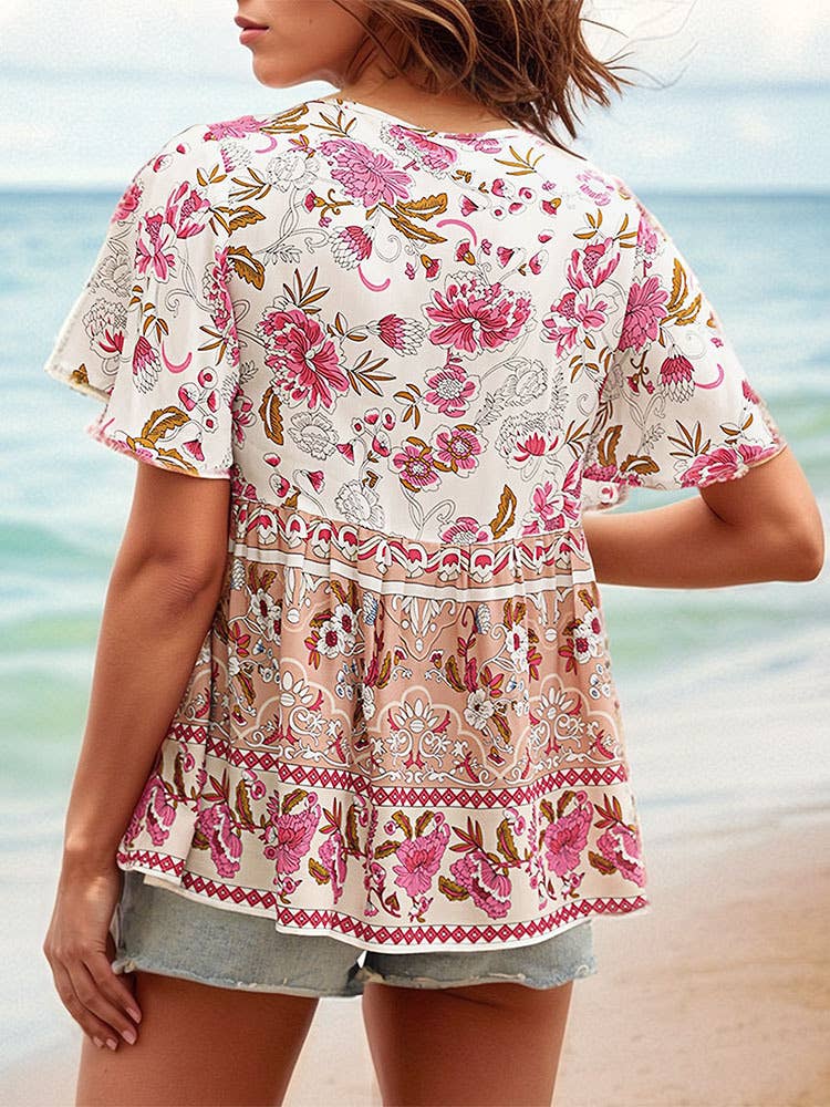 Lace-up printed lotus sleeve shirt