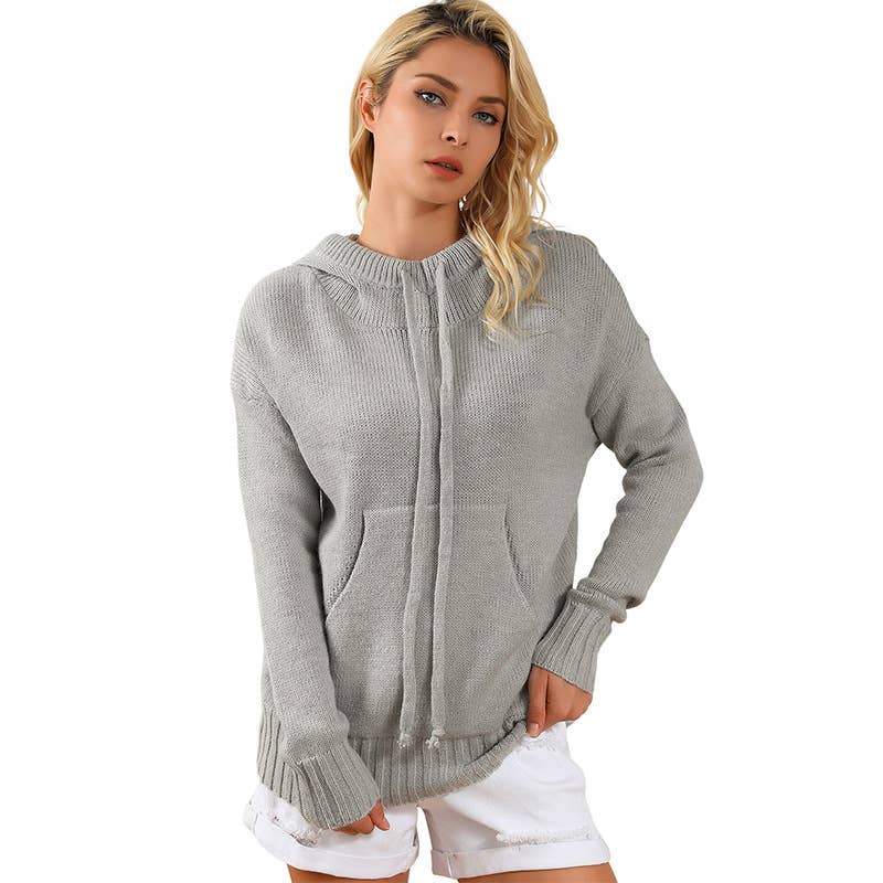SOLID COLOR LOOSE DRAWSTRING POCKET LOOSE SWEATER