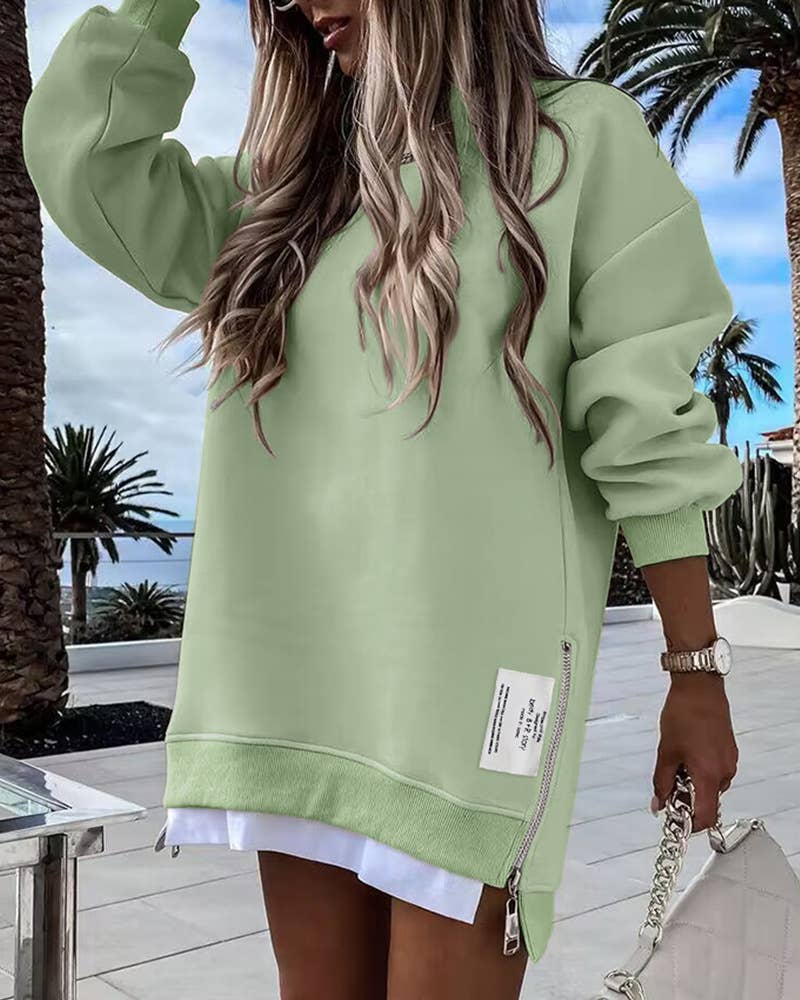 LACE-UP SOLID COLOR CREW NECK PULLOVER HOODIE