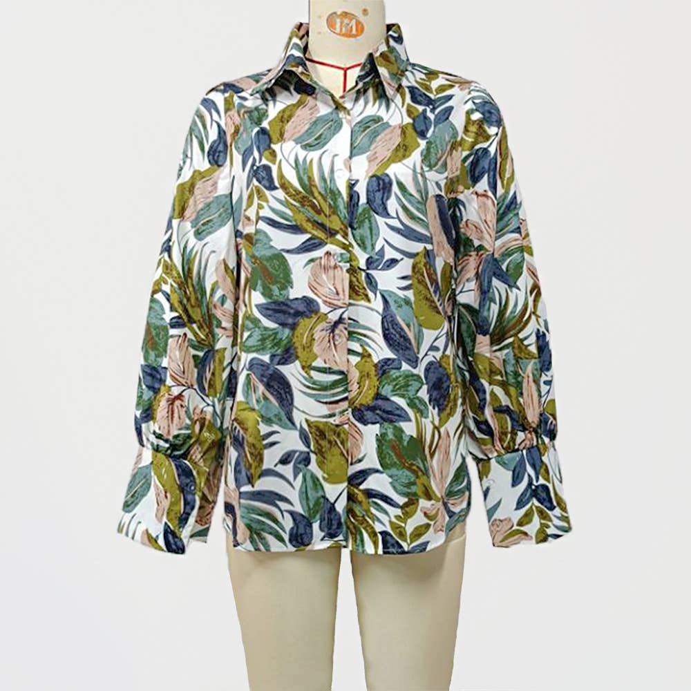 Lantern sleeve printed vintage casual port shirt