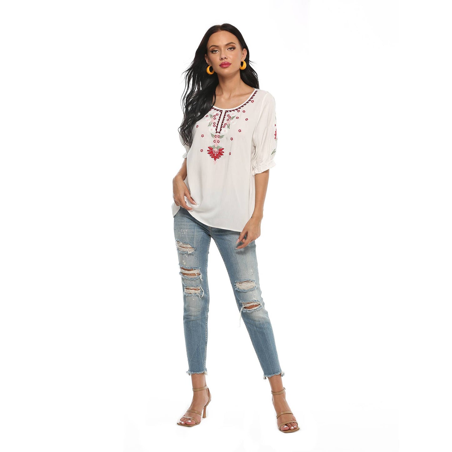 EMBROIDERED LOOSE CREW NECK PULLOVER TOP