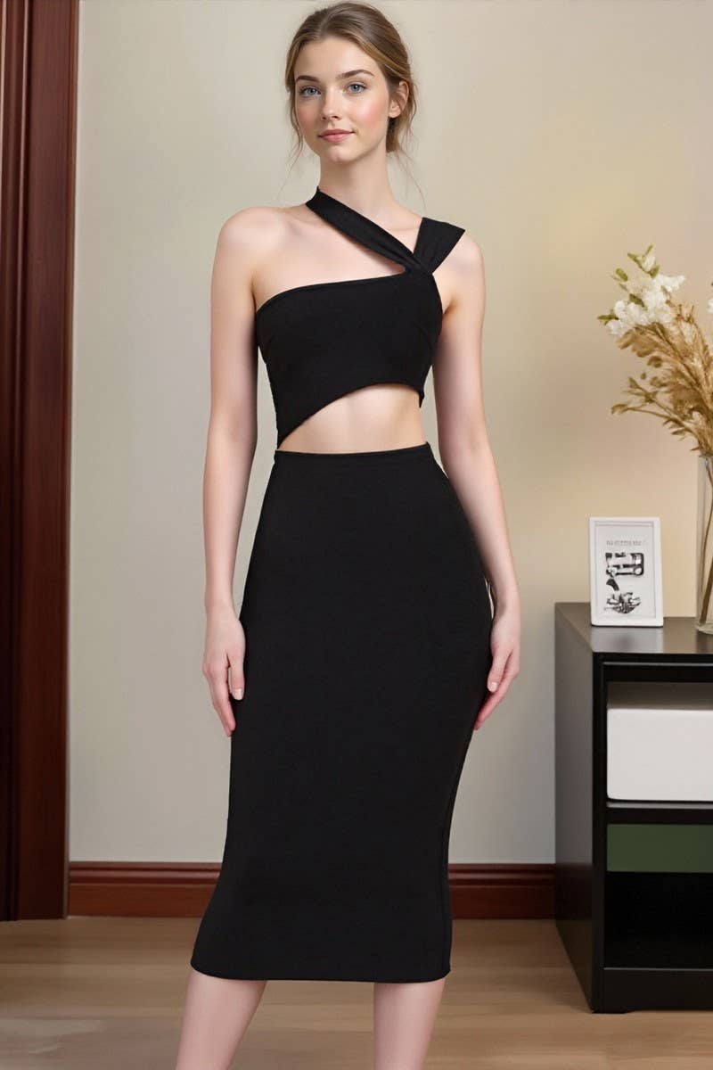 CWDMD01084_ONE SHOULDER STRAPLESS SOLID MIDI PARTY DRESS