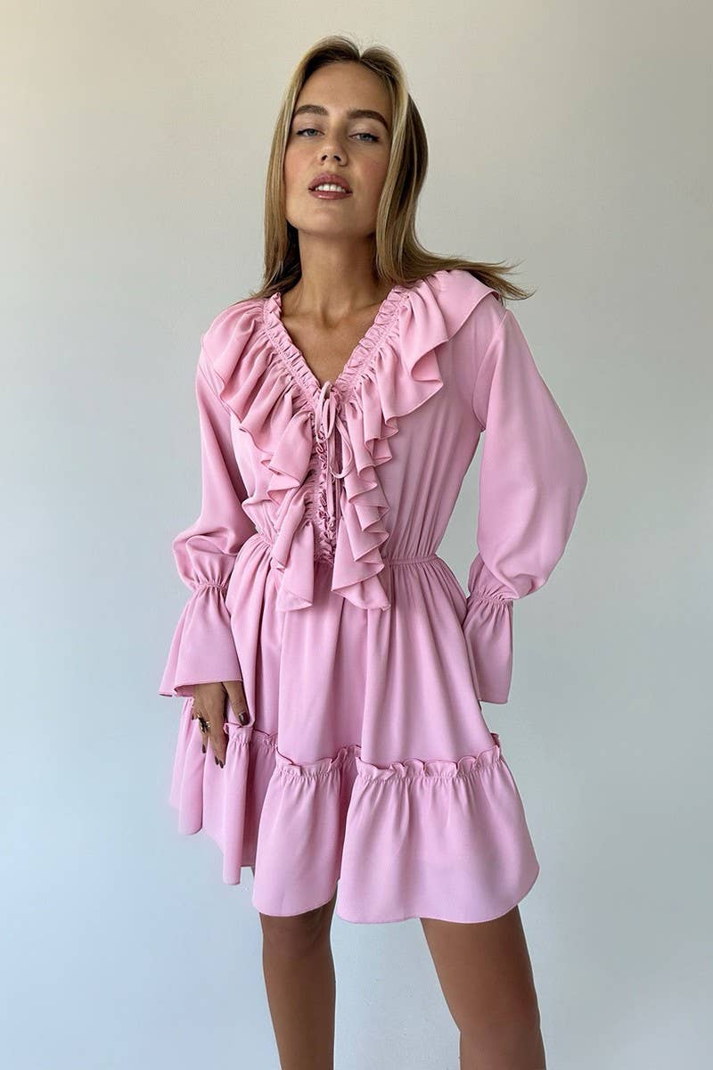 CWDSD7805_V-NECK BELL SLEEVE SHORT CHIFFON DRESS